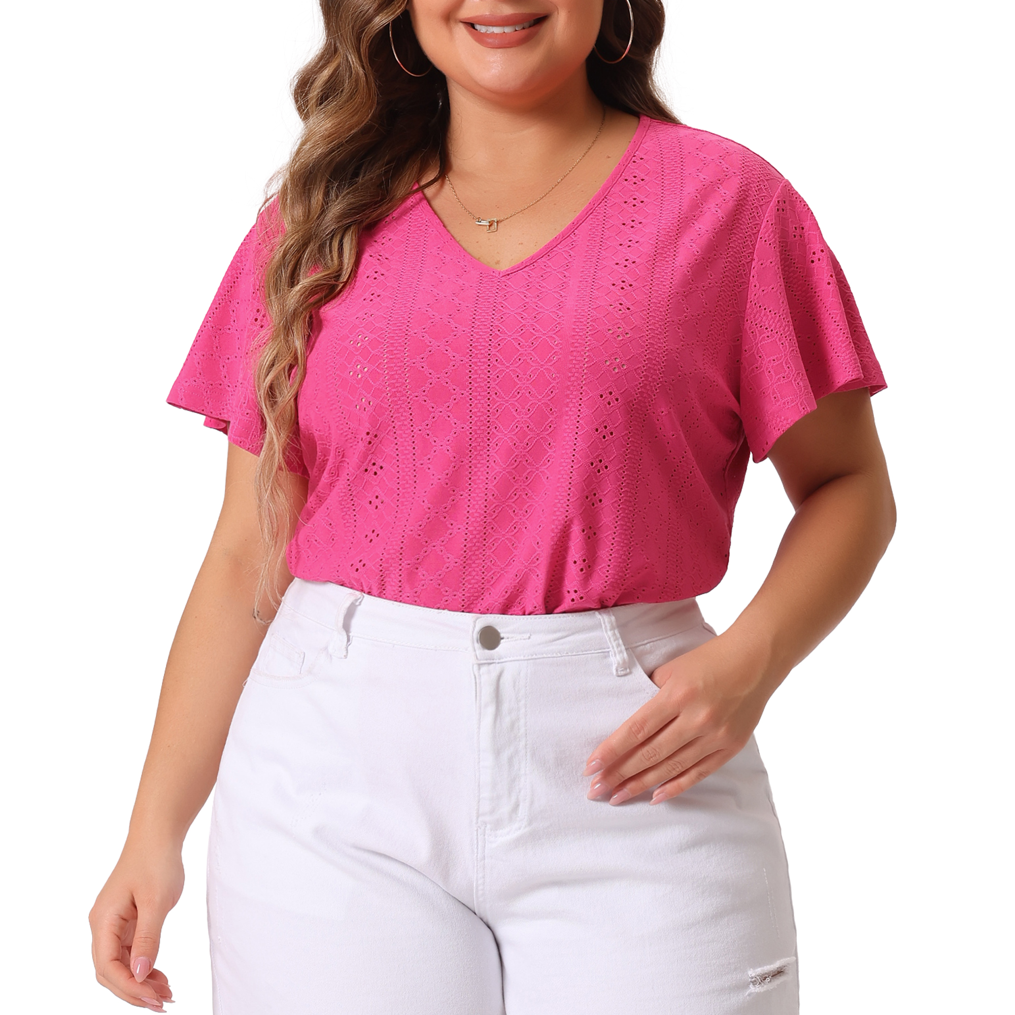 DARING DIVA Women's Plus V Neck Hollow Flare Short Sleeve Top 3X Hot Pink