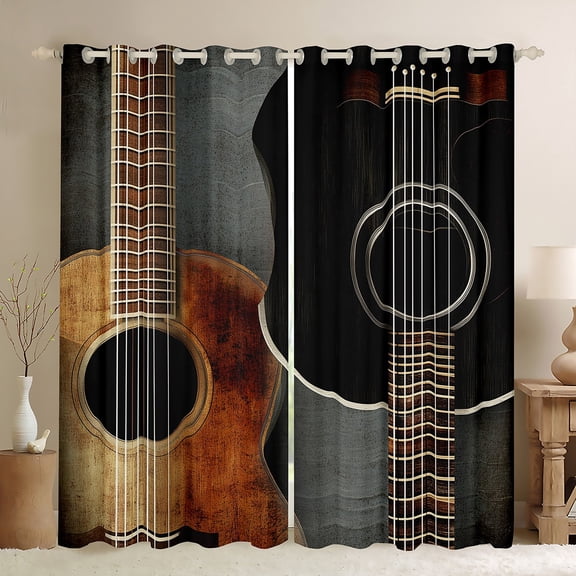 Feelyou Vintage Wooden Guitar Black Out Curtains, Pop Hip Hop Music Curtains Pack of 2 (42x63 Each), Teen Boy Girl Kid Bedroom Curtains, Black Out Curtains Decor
