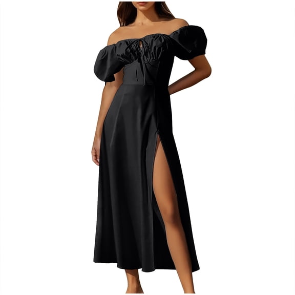 Youyipin womens dresses Women's Summer Puff Sleeve Floral Split Maxi Dress Flowy A Line Casual Beach Long dresses for women 2025