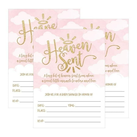 25 Pink Blush Gold Girl Heaven Sent Clouds Baby Shower Invitations, Cute Celestial Angel Printed Fill Or Write in The Blank Invites, Shabby Chic Unique Custom Coed Party Card Stock Paper