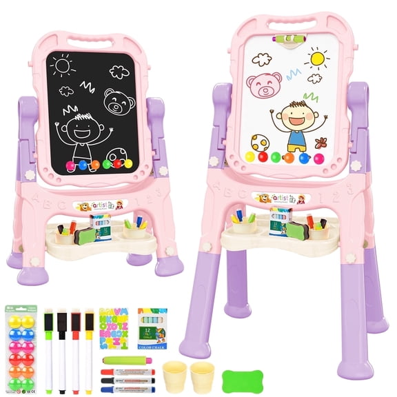 BATTOP Easel for Kids, Adjustable Standing Art Easel for Toddler, Double Drawing Board with Painting Accessories, Birthday Gift for Children, Pink