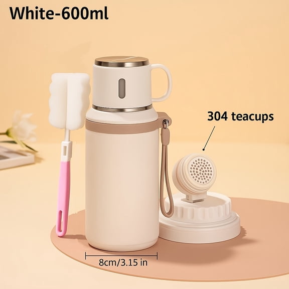 600ml/20.29oz Double-Wall Vacuum Insulated 316 Stainless Steel Water Bottle -Leak-Proof Lid&Handle, Keeps Drinks Hot/Cold for Hours,Includes Cleaning Brush (White),Ideal for Outdoor/Travel/Office/Gym