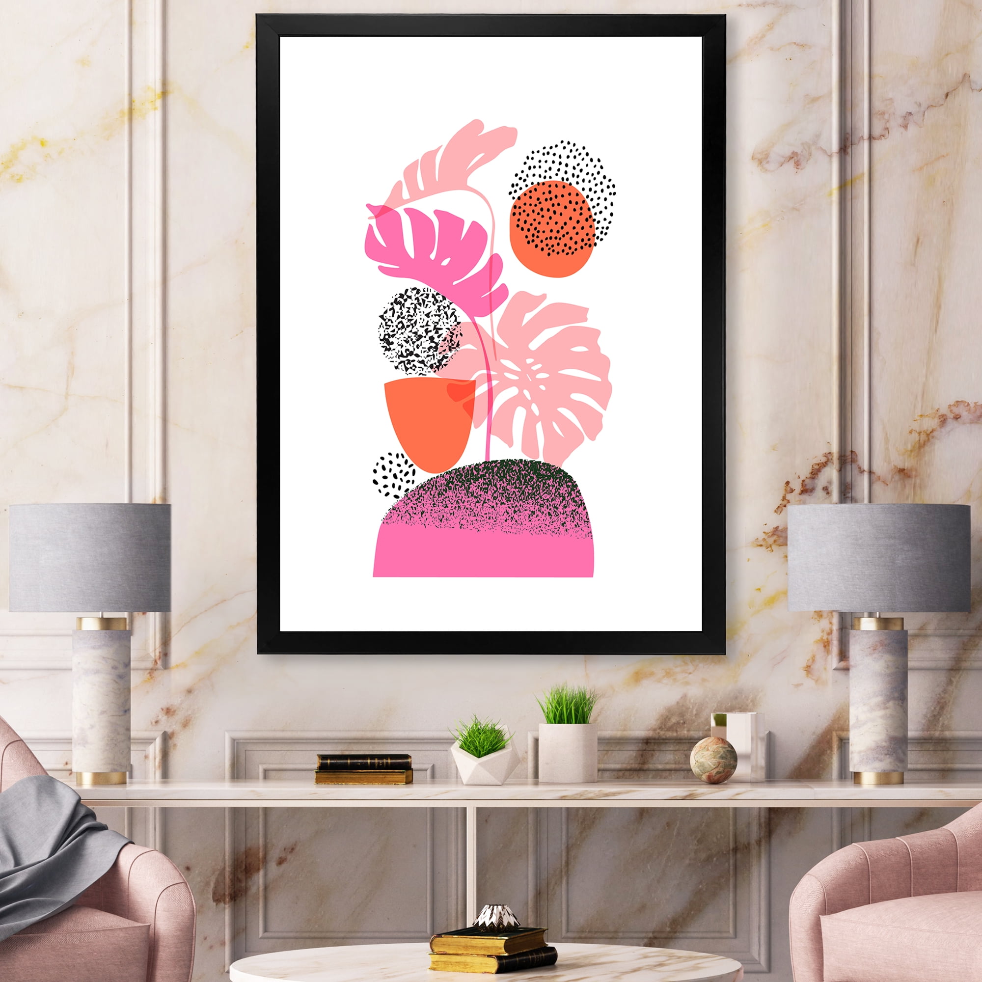 Designart 'Geometric Sun and Moon Shapes With Tropical Leaves' Modern Framed Art Print
