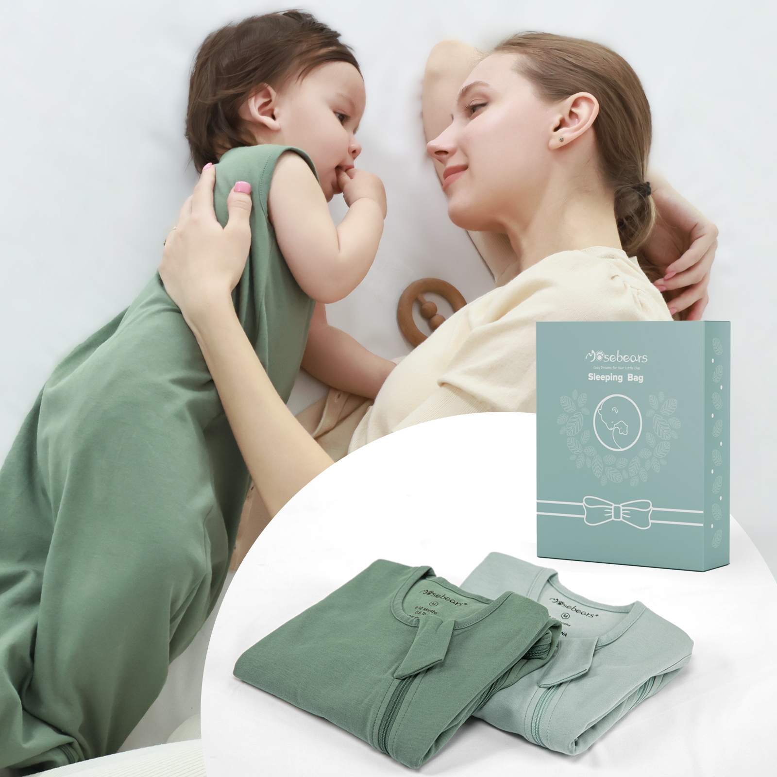 2Pcs Mosebears 0.5 Tog Baby Sleeping Bag - Cotton Summer Sleep Sack for Newborns, Boys & Girls(Dark Green&Sage,M(6-12 Months))