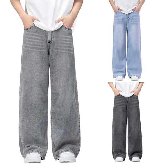 Miluxas Boy's Baggy Hip Hop Jeans Wide Leg Skater Denim Pants Casual Loose Fit Long Trousers Streetwear Gray 16 Years