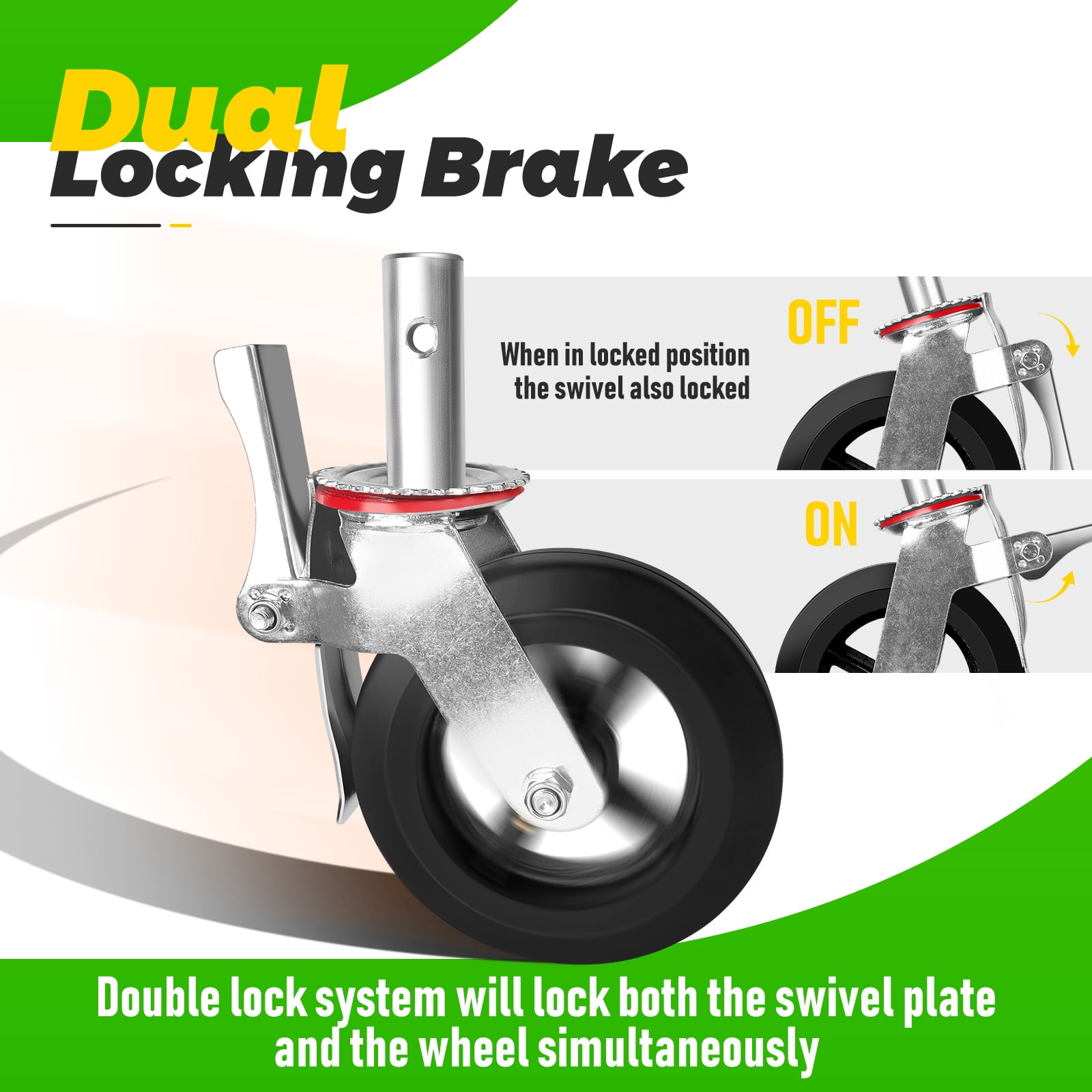 No Noise Wheels, 8 Inch Industrial Casters Set of 4, Locking Swivel Stem Casters Rubber Casters Heavy Duty Castors, Caster Wheels 4400lbs Load for Cart and Workbench