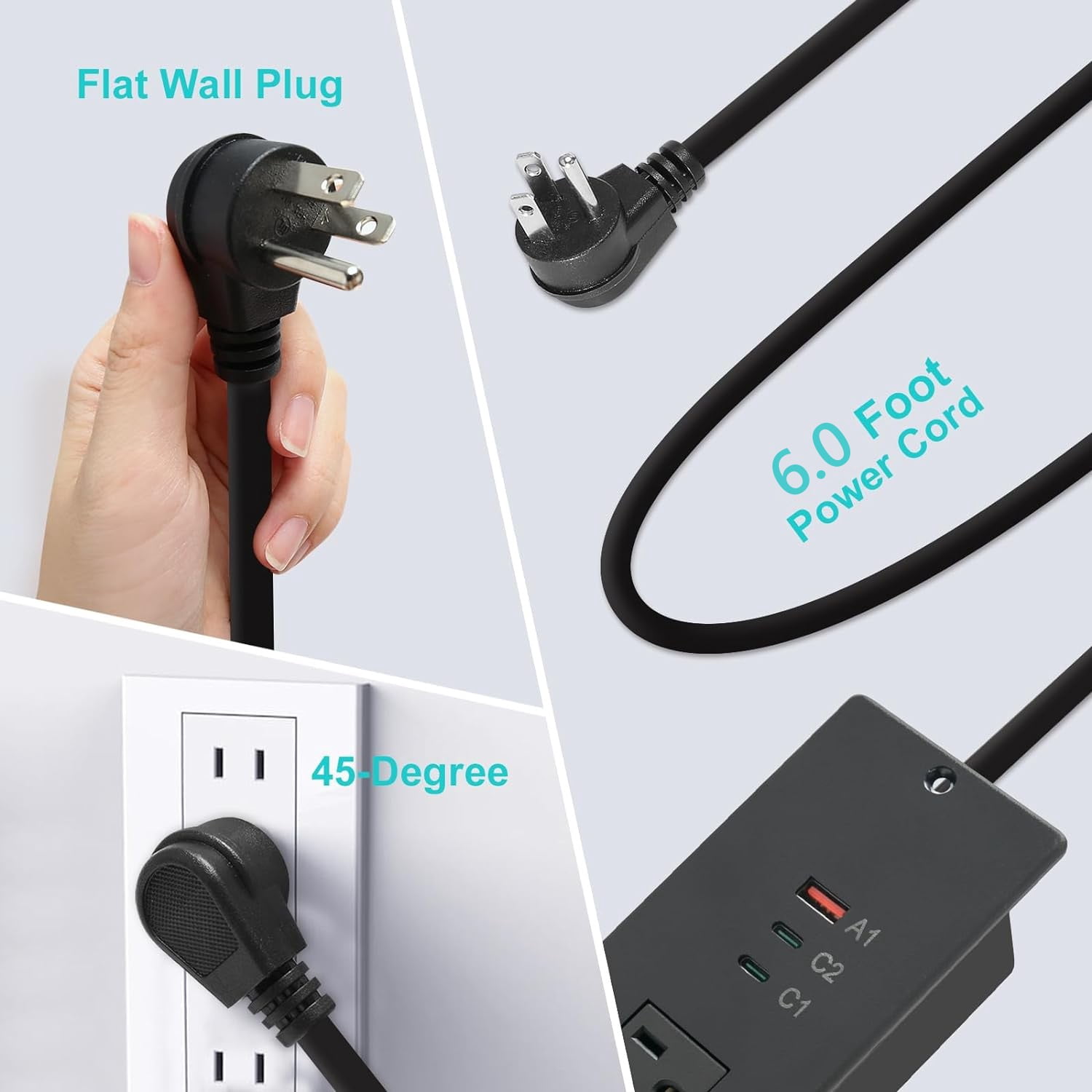 45W Recessed Power Strip USB C for Laptop,Flush Mount Desk Power Outlets 3 AC Outlets 3 USB Ports Flat Plug Extension Cord Built in Sofa Table Cabinet Nightstand Couch