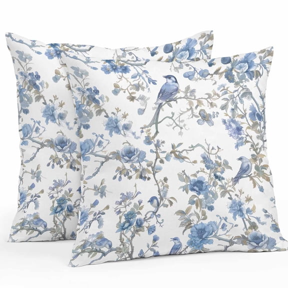 Chinese Style Outdoor Pillow Covers Pack of 2 Blue Flowers and Birds Figure Waterproof Throw Pillow Covers Decorative Cushion Cases for Patio Garden Tent Balcony Couch 16x16 inch
