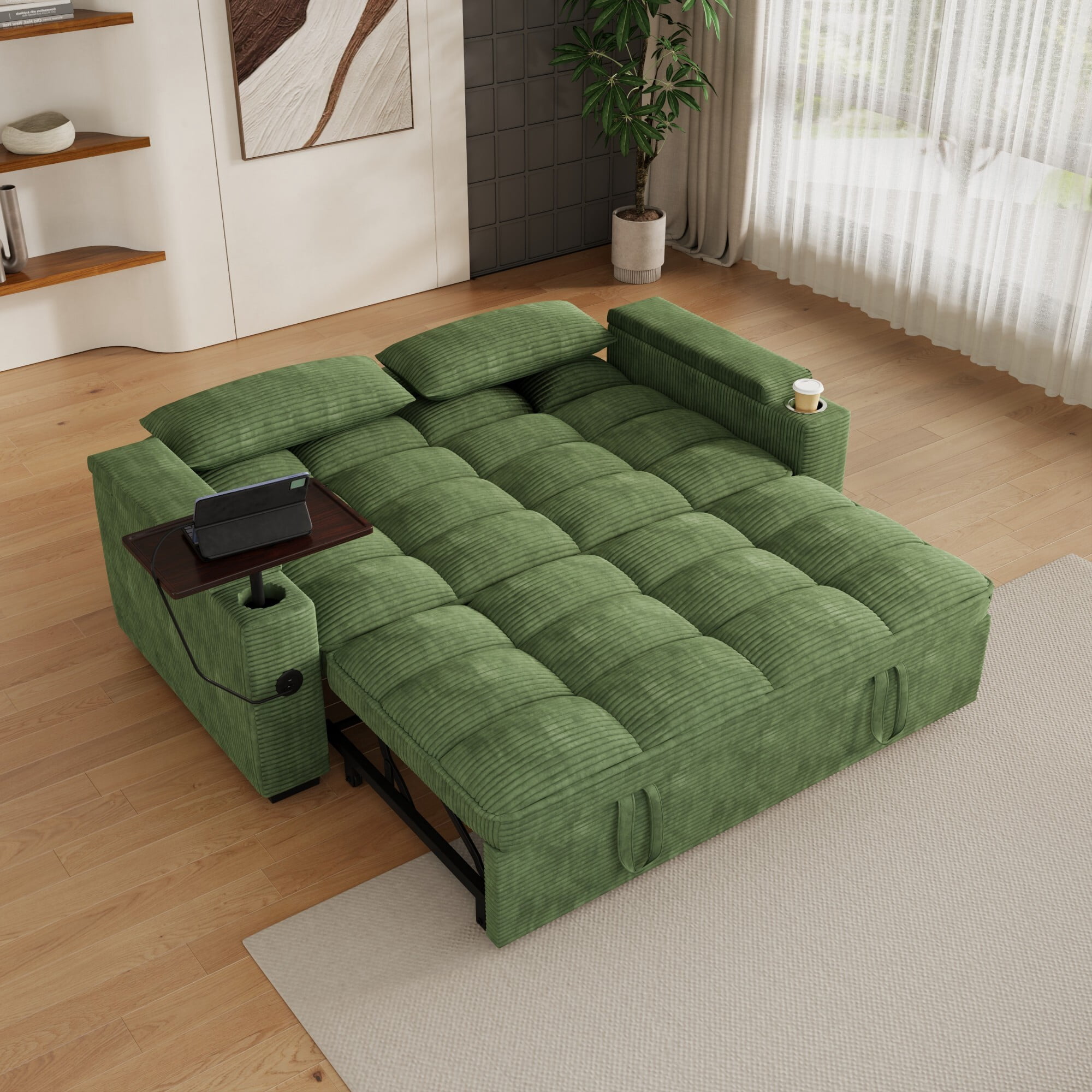 DEALTOPS 65" Corduroy Sleeper Sofa Bed, 3-Position Pull Out Couch with 360° Swivel Table, USB & Storage, Green