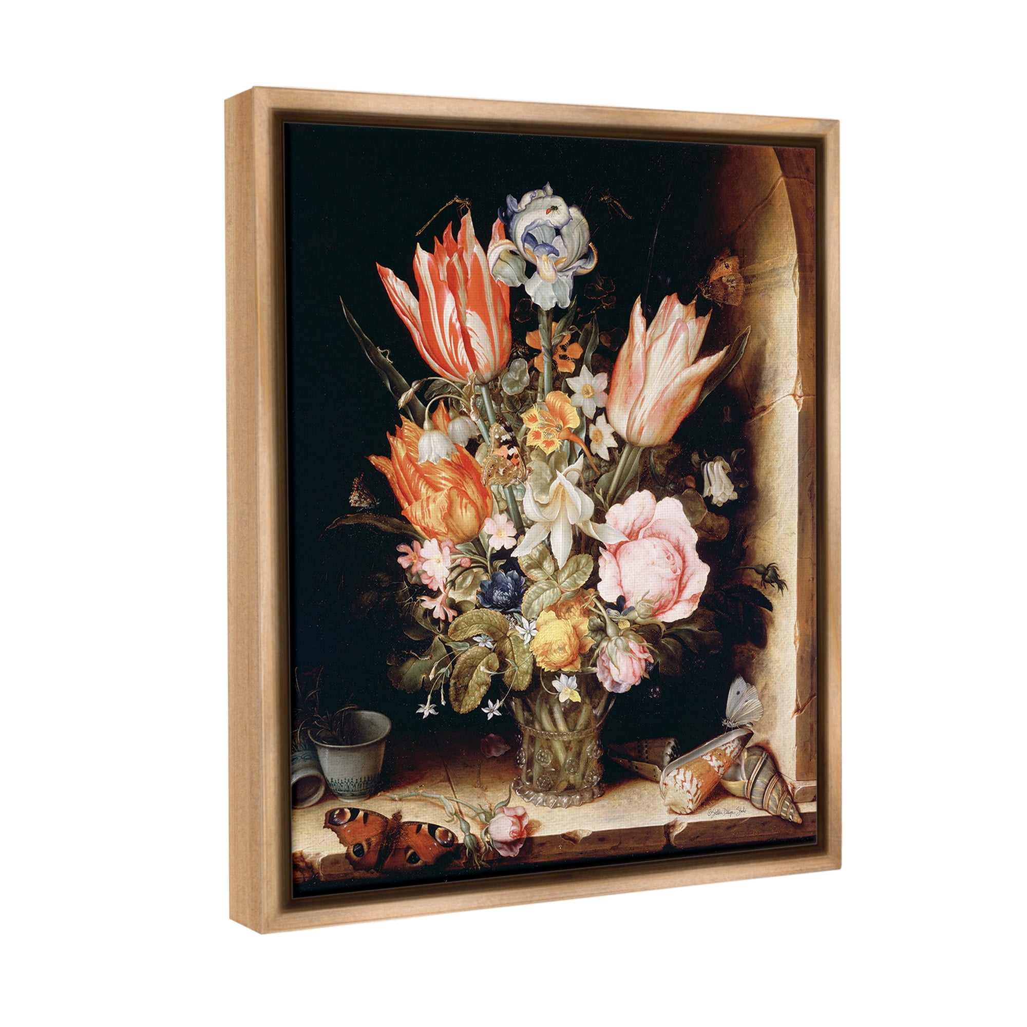 Stupell Industries Classic Bouquet Still Life Botanical & Floral Painting Brown Floater Framed Canvas Art Print Wall Art, 17 x 21