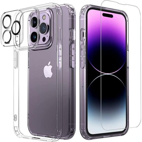 [5 in 1] for iPhone 14 Pro Case Clear, [Not Yellowing] with 2X Tempered Glass Screen Protector   2X Camera Lens Protector, 6.1 Inch