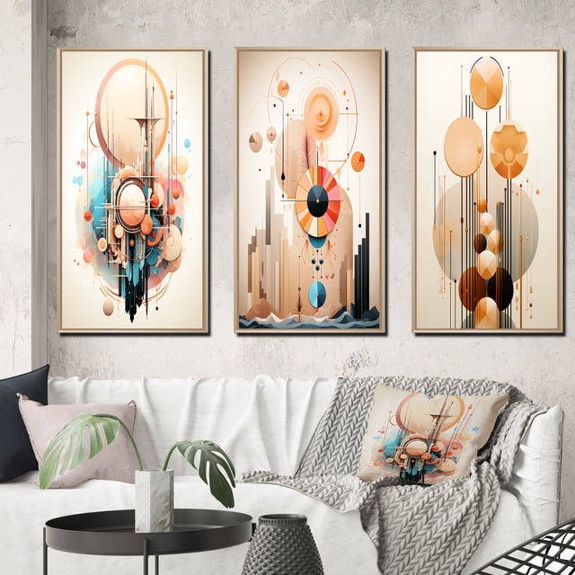 Designart "Nouveau Abstract Geometric Elegance II" Modern Geometric Framed Wall Art Set Of 3 - Beige Abstract Frame Canvas Set For Living Room Decor