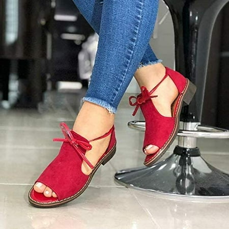 

JISBEIFHA Ladies Comfy Peep Toe Flat Heel Sandals Womens Mid Low Block Heel Sandals Summer Casual Strappy SandalsA4909