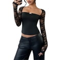 thumbnail image 4 of Women's Floral Lace T Shirt Square Neck Long Sleeve Fitted Y2k Crop Tops, 4 of 9