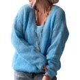 thumbnail image 3 of Women Soft Deep V Neck Drop Shoulder Lantern Long Sleeve Oversized Lazy Fit Solid Knit Sweater Blue S, 3 of 8