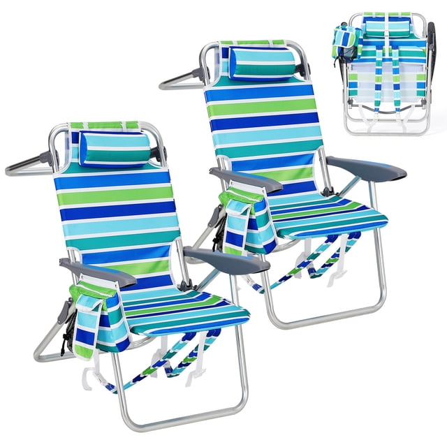 Beach Chairs for Adults 2 Pack, High Backpack Folding Chair with 5 Position Recline, Lay Flat Portable Beach Chair with Cooler Pouch Cup Holder Phone Pocket Towel Bar for Beach Camping Lawn