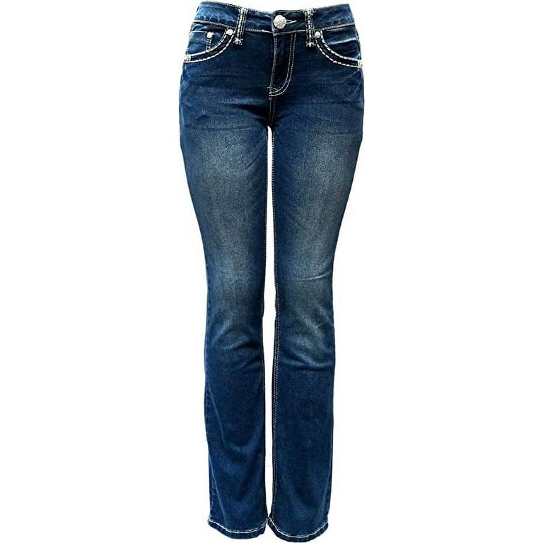 LA Idol Women's Rhinestone Mid Rise Bootcut Stretchy Denim Jeans Pants ( La  Idol Bootcut Blue 3526bt )