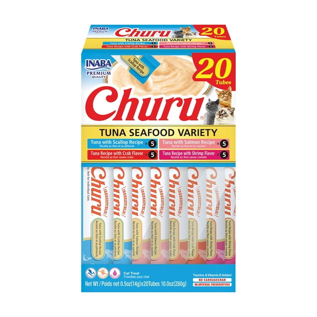 Churu Lickable Cat Treat Creamy Puree - Tuna & Seafood Variety Pack, 20ct, 2 Boxes, Pack 2