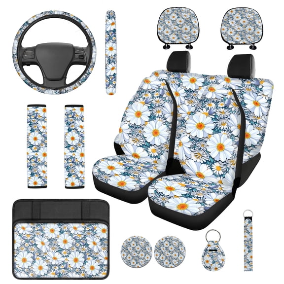 Jeiento Flowers 14 Pcs Car Seat Covers Full Set with Steering Wheel Cover Seat Belt Covers Center Console Headrest Cover Cup Holder Keychain Universal Fit Interior Accessories for SUV Truck