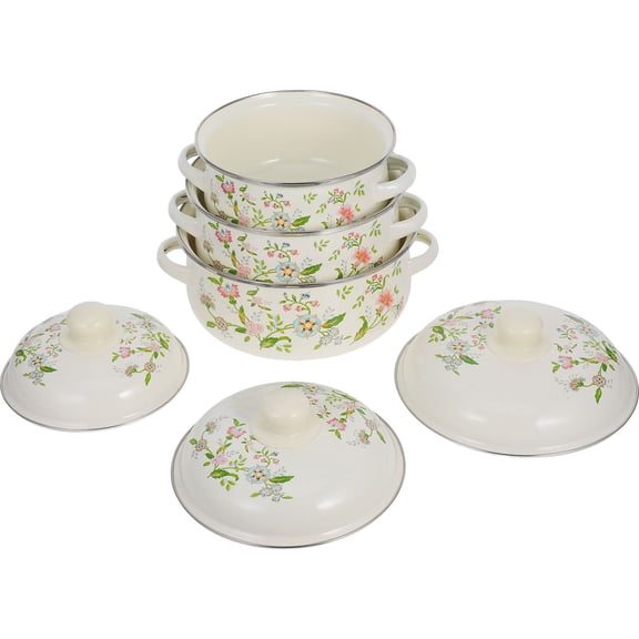 BESTYASH 3-Piece Beige Enamelware Stock Pot Set with Floral Pattern and Double Handles for Easy Simmering and Cooking