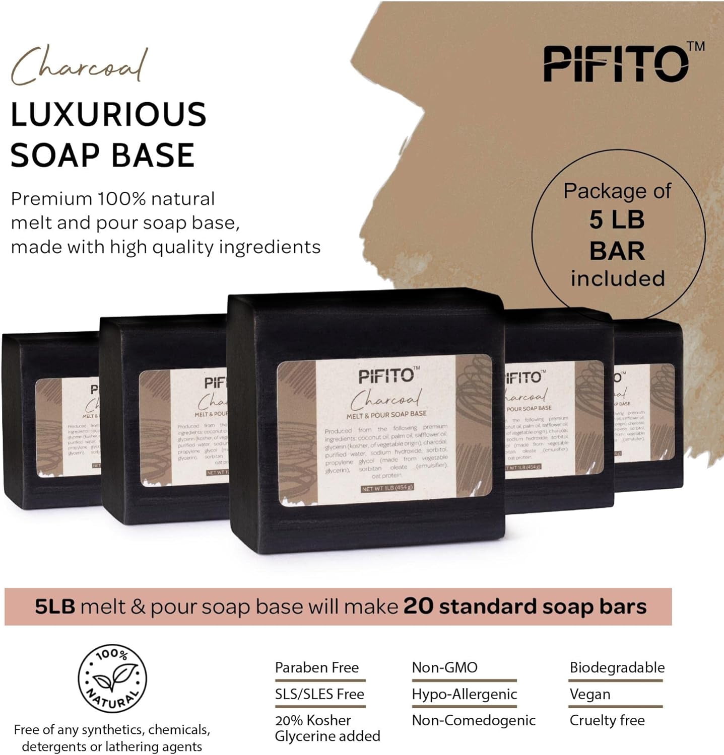 Pifito Charcoal Melt and Pour Soap Base (5 lb) │ Bulk Premium 100% Natural Glycerin Soap Base │ Luxurious Soap Making Supplies