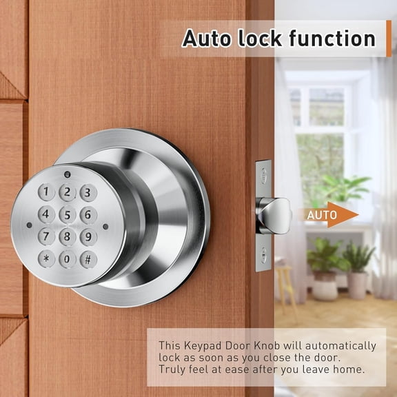 Keyless Entry Door Lock, Door Knob with Keypad, Smart Code Door Lock, Mute Mode, Passage Function, Easy to Install, Satin Nickel
