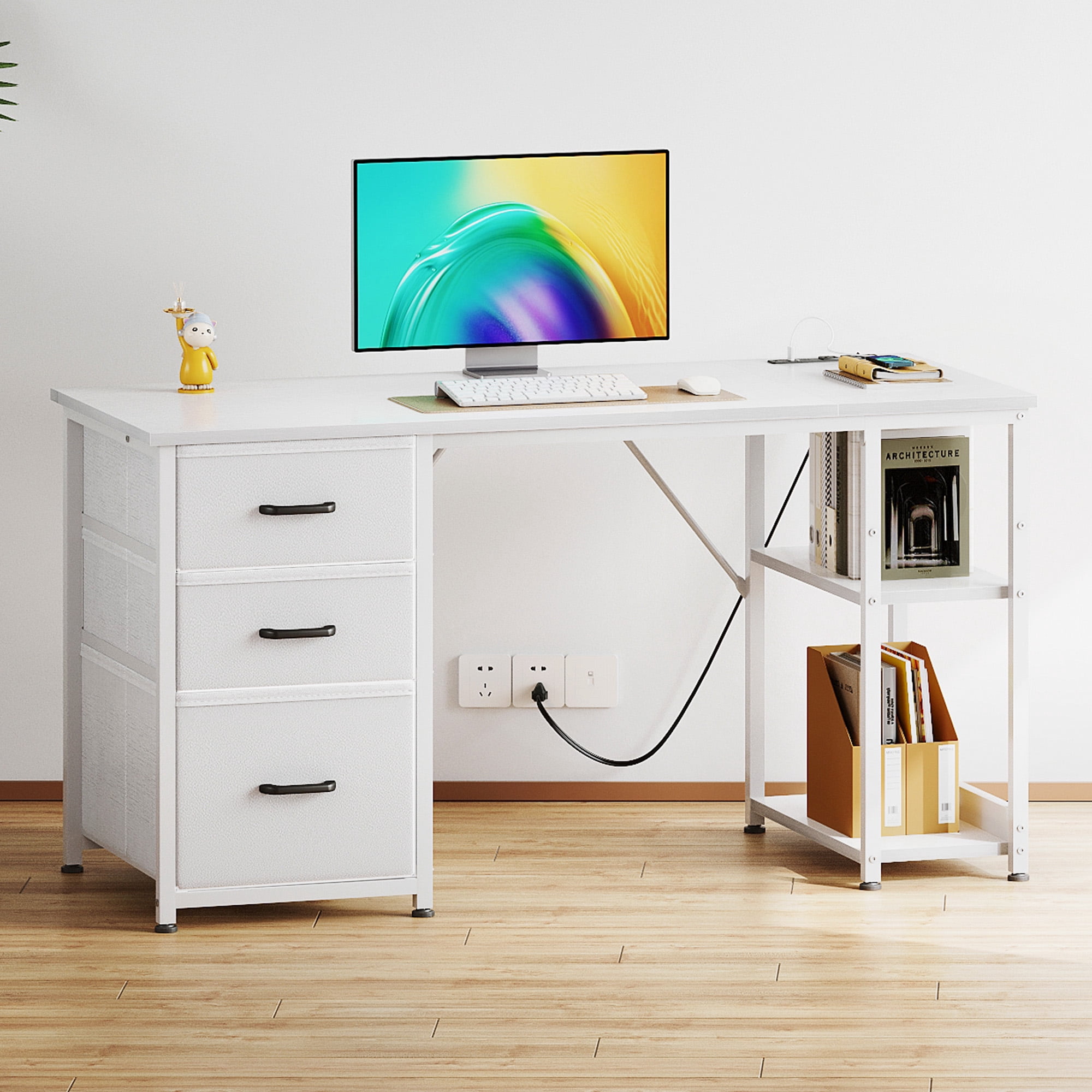 51" Computer Desk with File Drawers & USB Power Outlets- Reversible Home Office Desk with Storage Shelves, Work from Home, Writing Table for Bedroom, White