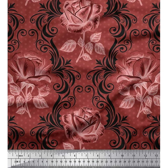 Soimoi Rayon Crepe Fabric Dot,Damask & Rose Flower Print Fabric by Yard 46 Inch Wide