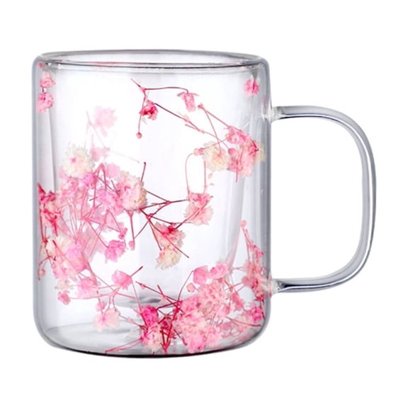 OutmaxHome Double Wall Glass Mug, Clear Flower Pattern Insulated Glass Mug, for Coffee, Juice, Tea, Milk