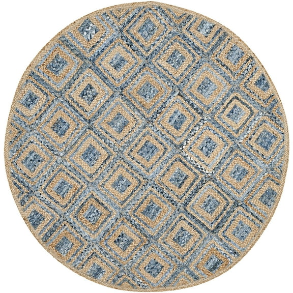 Indian Handmade Braided Blue Color Cotton , Denim with Natural Jute Round Rugs , Floor Decor Carpet Size 2 x 2 Feet Round ( 60 cm x 60 cm)