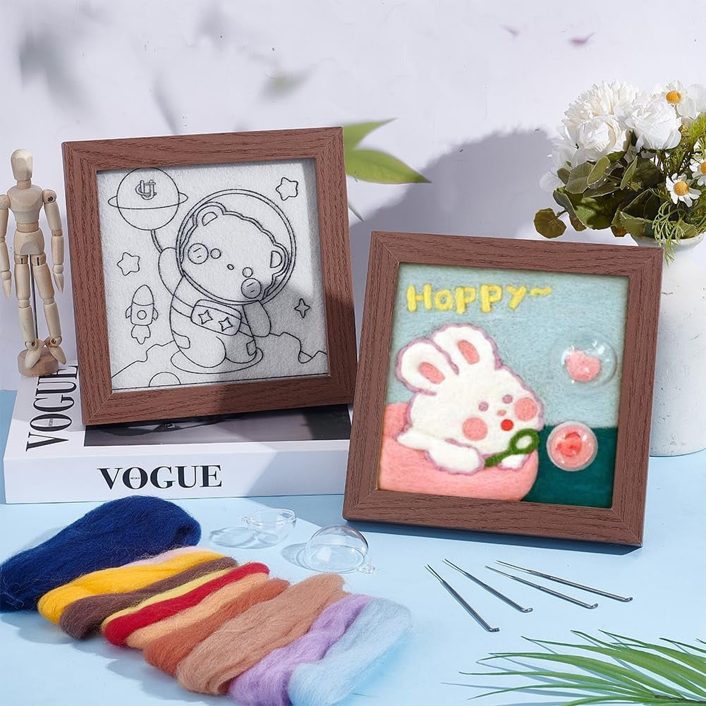 2 Sets 2 Styles Needle Felting Craft Kit Rabbit Photo Frame Needle Felting Kit for Beginners Bear Needle Felting Starter Kit with Photo Frame Wool Felt Painting Set for DIY Needlework for DIY