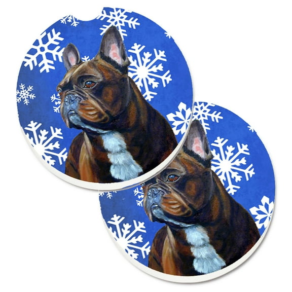 Carolines Treasures LH9295CARC French Bulldog Winter Snowflakes Holiday Set of 2 Cup Holder Car Coasters Large