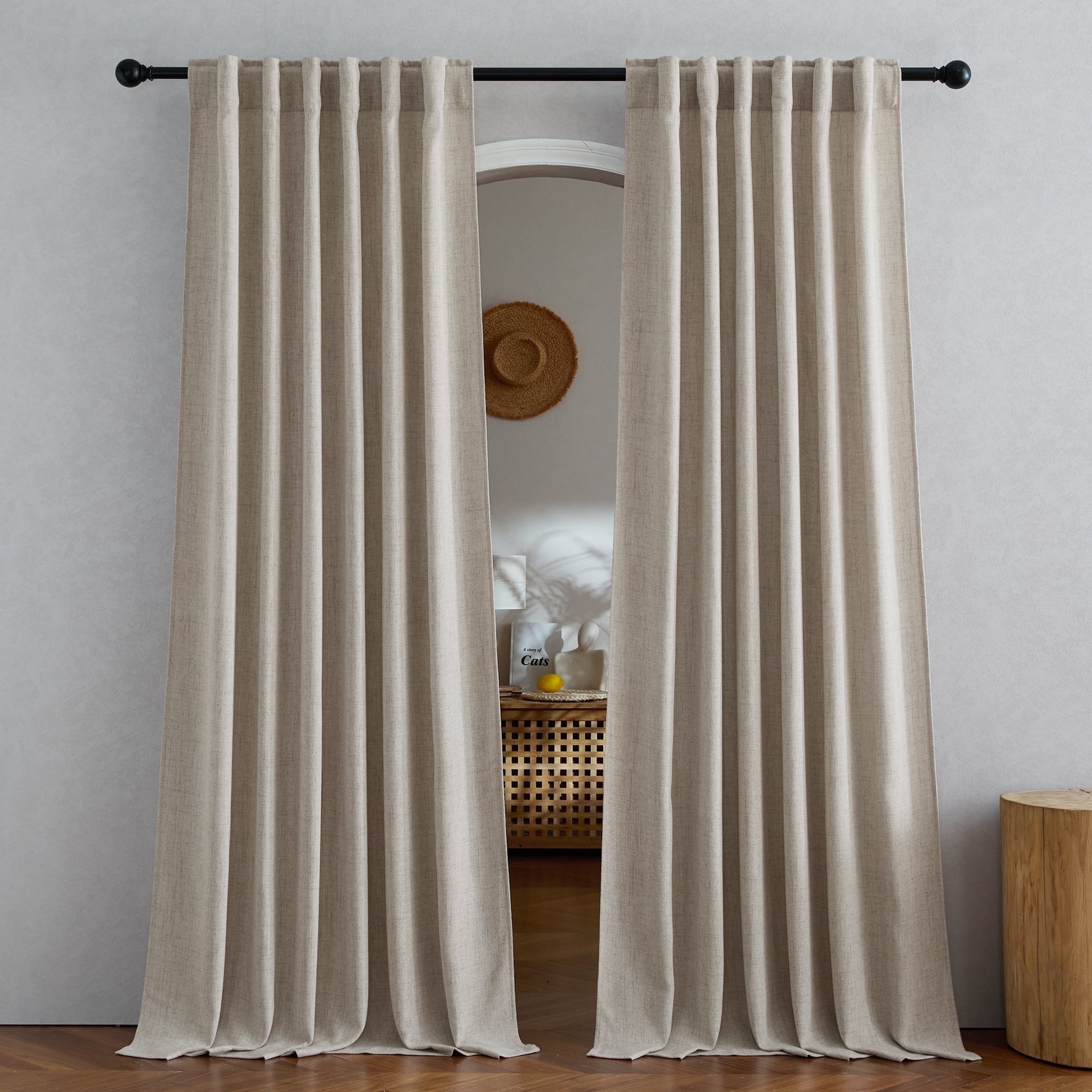 NICETOWN Linen Curtains 84 inch Length, Semi Sheer Linen Light Filtering Farmhouse Curtains Rod Pocket Back Tab Privacy Faux Linen Drapes for Bedroom Living Room, 52"x84", Oatmeal, 2 Panels