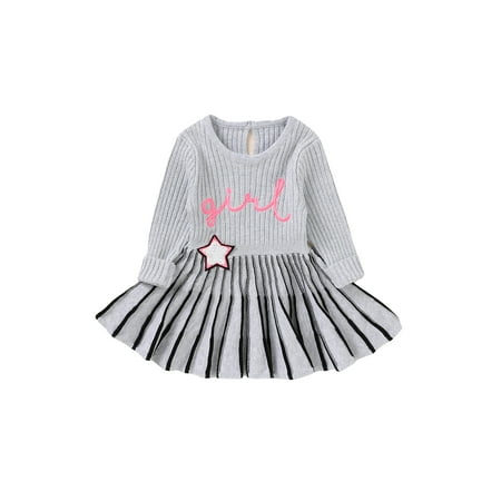 

Amuver Girl’s Letter Embroidery Round Neck Long Sleeve Knitted A-line Dress