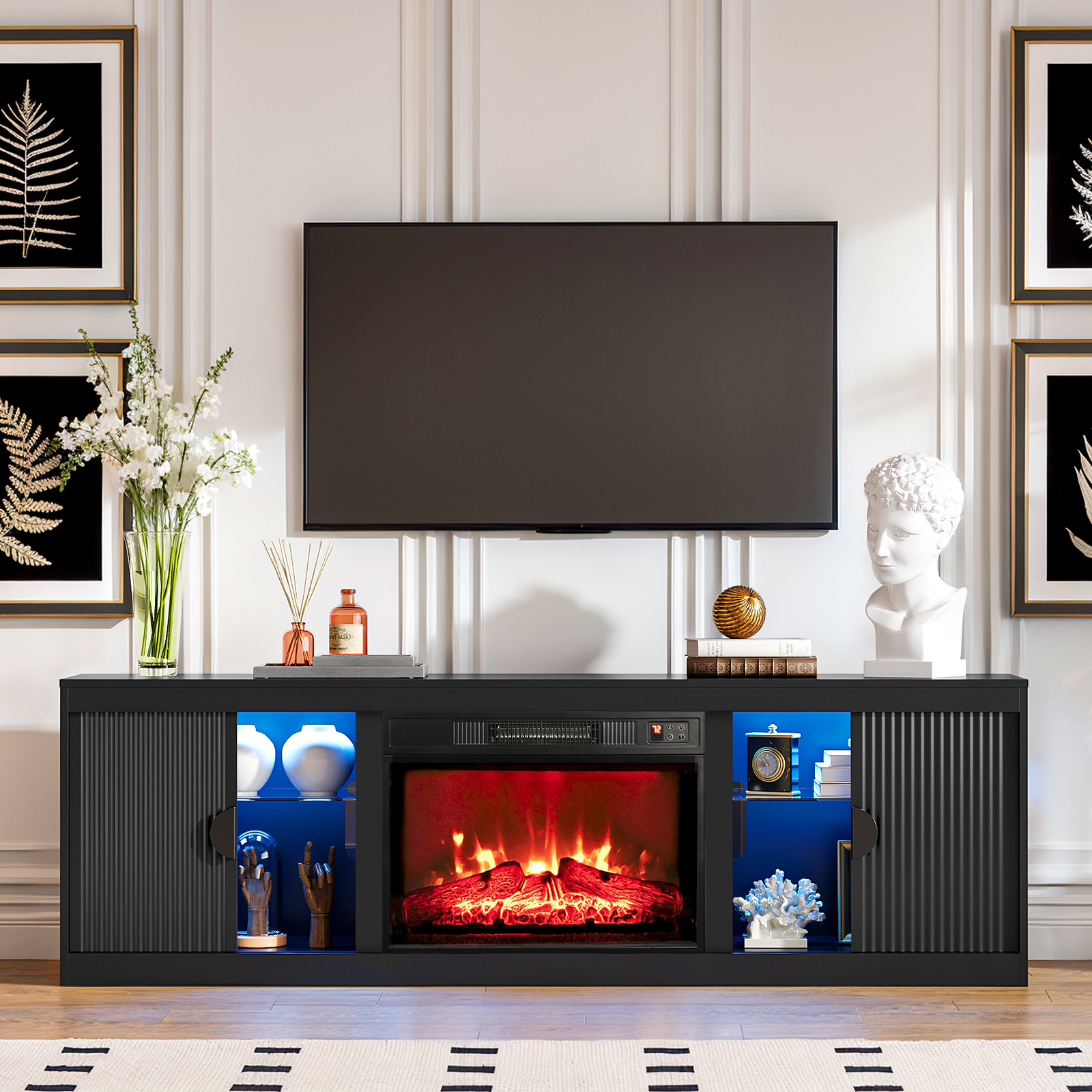 Holliwill 70" Fireplace TV Stand with LED Lights, Black photo 2