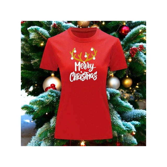 Playera Blusa Con Estampado De Merry Christmas Con Cuernos De Reno Color Rojo Talla Grande Marca Emil SaEs