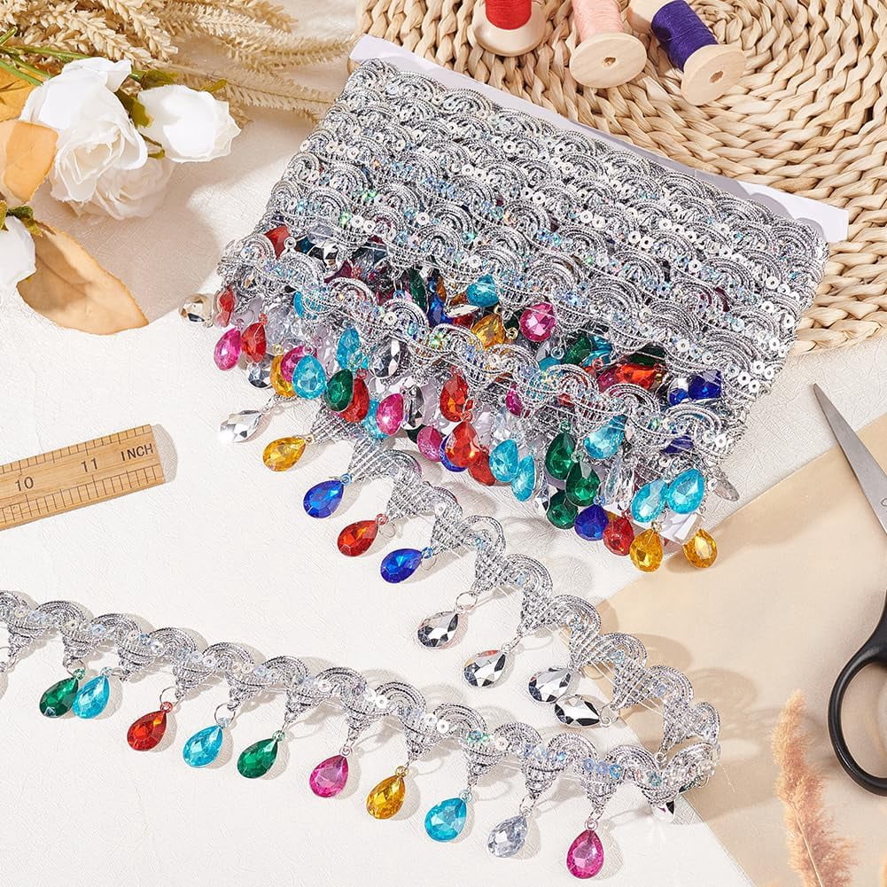 1pc Polyester Tassel Lace Ribbon Sparkle Paillette Lace Trim with Colorful Plastic Rhinestone Fringe Trimming for Garment Accessories Silver 1-7/8 inch(48.5mm) 9.84 Yards(9m)/pc