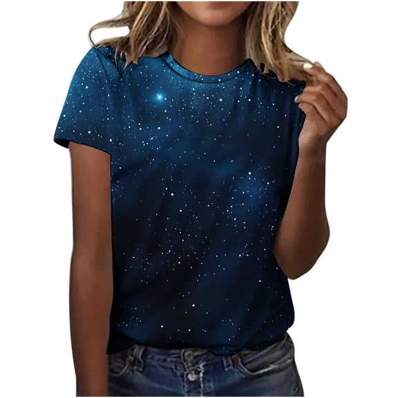Womens Blouses,Cute Summer Tops for Women Galaxy Space Print Petite Shirts Casual Short Sleeve Crewneck Graphic Tees Blouses