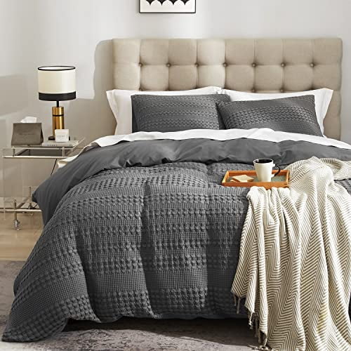 Ivellow Ensemble de Housse de Couette à Tissage Gaufré Housse de Couette 100 % Coton Très Grand Texturée Grise Housse de Couette Confortable Douce Respirante Housse de Couette Très Grand Douce pour la Peau Housse de Couette de Luxe Ensemble de Literie Toutes Saisons 104"x90 Pouces