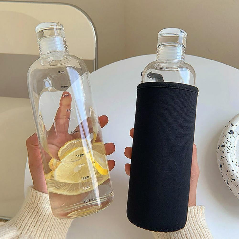 500ml Glass Water Bottle With PU Cup Holder Time Marker Milk Juice Fashion  Simple Portable Leakproof Drink Bottle Drinkware Gift