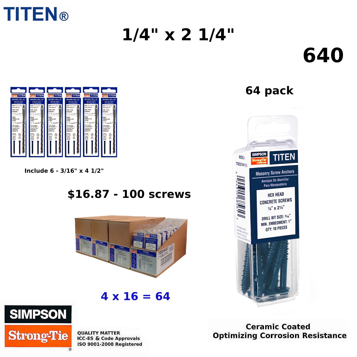(Qty 640) Concrete Screws 1/4” x 2 1/4” Hex Washer Head for Anchoring to Masonry, Block or Brick Stucco 64 Pack 6 Drill Bits…