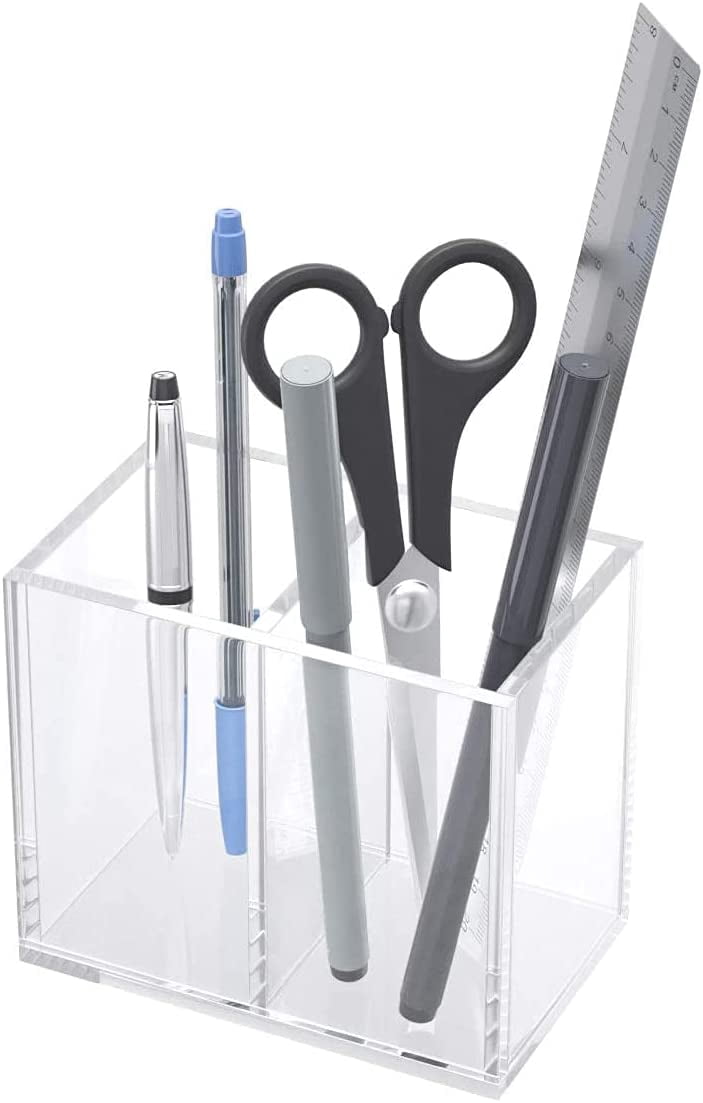 Acrylic Pen Holder 2 Compartments, Clear Pencil Organizer Cup for Countertop Desk Accessory Storage