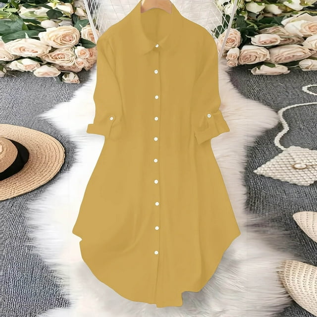 Soki Robe Chemise Boutonnée pour Femmes avec Poches, Col Oversize, Manches Longues, Tunique Asymétrique