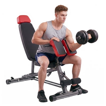 edx Adjustable Weight Bench, Foldable Workout Bench with Back Extension, Incline/Decline/Flat Bench, 700lbs Roman Chair for Full Body Workout, Red