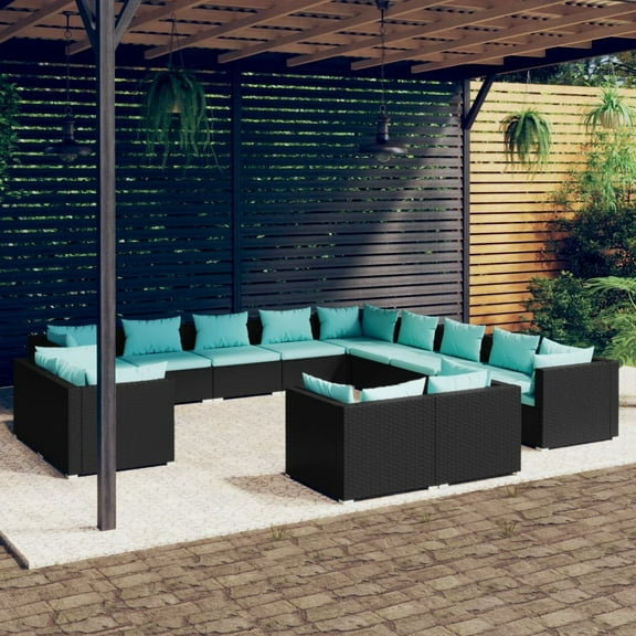 vidaXL 13 Piece Patio Lounge Set with Cushions Black Poly Rattan, 3102905