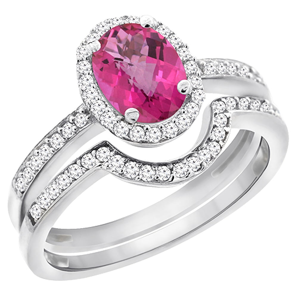 14K White Gold Diamond Natural Pink Sapphire 2-Pc. Engagement Ring Set Oval 8x6 mm, size 6 by Gabriella Gold