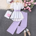 thumbnail image 2 of Huowey Girls Summer Outfit Solid Color Short Puff Sleeve Button Bown High Low Turndown Collar Shirt Straight Leg Trousers Two Piece Casual Stylish Clothing Set Fashion Streetwear,Purple,9-10 Years, 2 of 6
