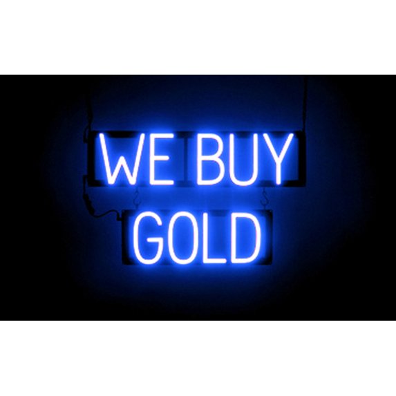 SpellBrite WE BUY GOLD LED Sign for Business. 24.3" x 15.0" Blue WE BUY GOLD Sign Has Neon Sign Look With Energy Efficient LED Light Source. Visible from 500+ Feet, 8 Animation Settings.