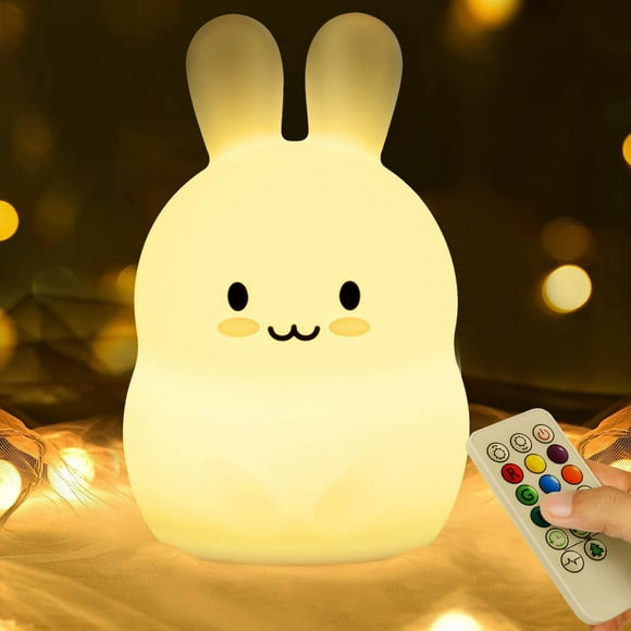 Bunny Night Light, Easter Gift Kawaii Rabbit Birthday Gifts Room Decor Bedroom Decorations for Baby Girls Children, LED 9 Color Changing Animal Squishy Silicone Lamp - Tap & Remote Control