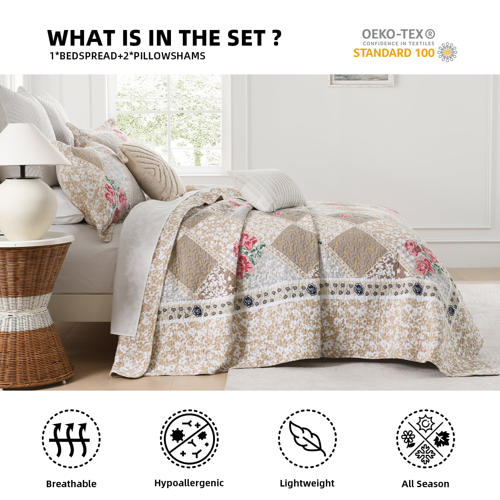 PANGUSHAN 100% Cotton 128"x120" Oversized California King Bedspread Coverlet Quilt Set, Cal King Quilted Bedspread Extra Large Wide Quilt, Floral XL Bed Spread Lightweight Comforter, 3pc, Brown/Gray